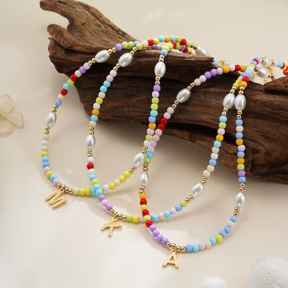 Personalized 14K Gold Plated Initial Necklace with Colorful Beads for Girls - Picture 5 of 7